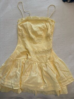 Yellow Lace-Trim Spaghetti Strap Summer Dress
